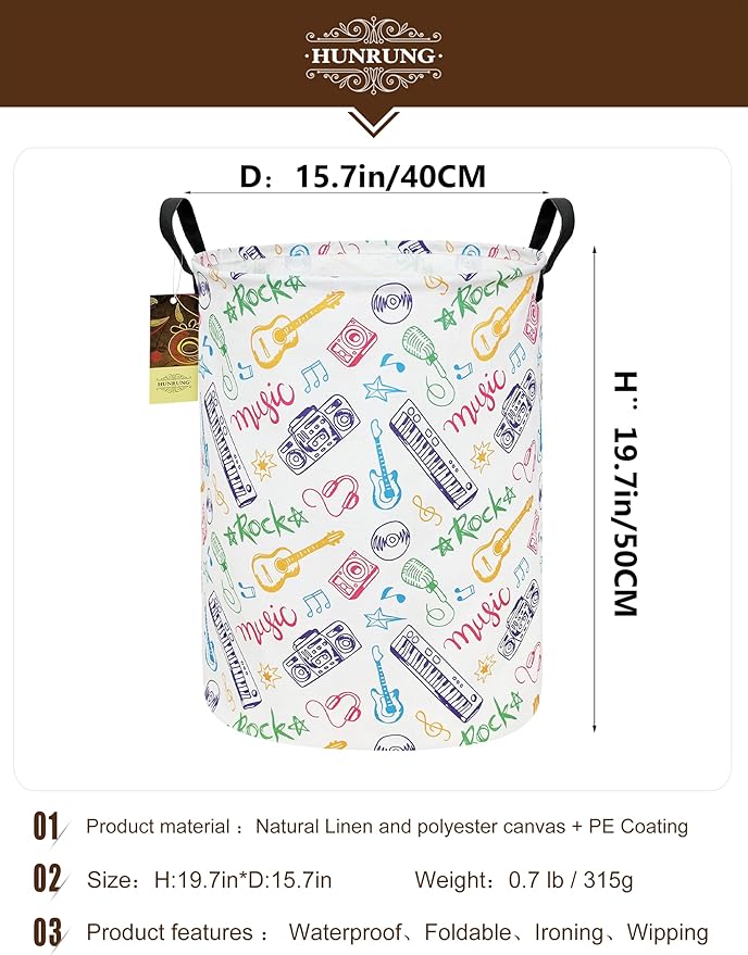 HUNRUNG Laundry Hamper,Large Canvas Fabric Lightweight Storage Basket Toy Organizer Dirty Clothes Collapsible Waterproof for College Dorms???Round-Musical instrument???