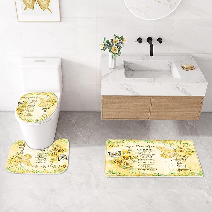 Litabel 4 Pcs Yellow Butterfly Inspirational Quotes Shower Curtain Set with Rugs and Toilet Lid Cover, Colorful Boho Waterproof Fabric Bathroom Set, Bible Verse Floral Bathroom Decor Set Accessories