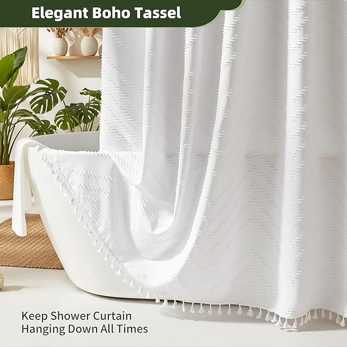 White Shower Curtain Fabric Boho Shower Curtain Cloth Textured Tufted Chevron Elegant Shower Curtains Waterproof for Bathroom 72" x 72"