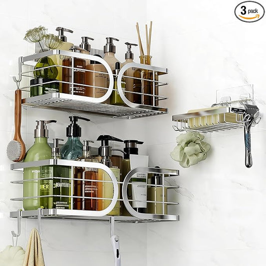 Shower Caddy 3 Pack Adhesive 304 Stainless Steel Shelves No Drill Durable Large Capacity Shower Rack Organizer Soap Holder Quick Dry Rustproof Bathroom Storage(Silver)
