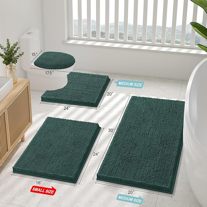 Smiry Luxury Chenille Bathroom Rugs 47x24, Extra Soft and Absorbent Shaggy Bath Mat, Machine Washable, Non-Slip Plush Carpet Runner for Tub, Shower, and Floor, Home Decor Accessories, Green