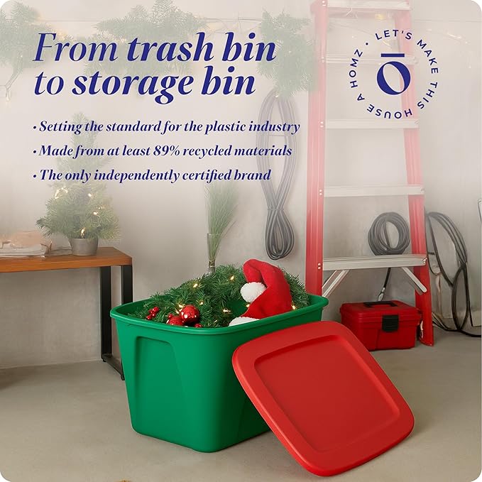 HOMZ 4-Pack Molded Bin, Holiday Storage Containers w/ Lids, 18 Gal, Green/Red Stackable Plastic Totes for Christmas Decorations, Gift Wraps, Crafts