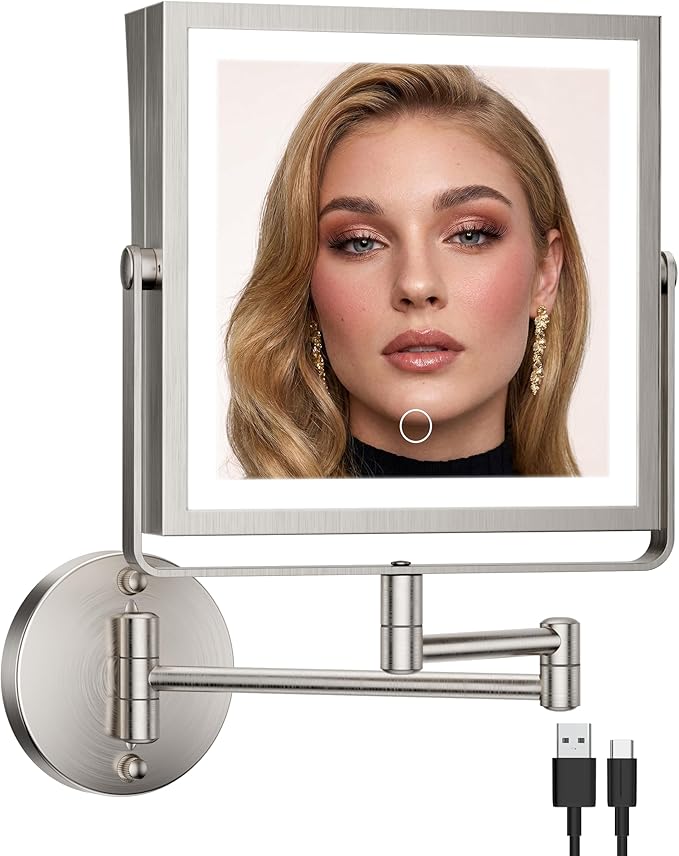 Rechargeable Wall Mounted Makeup Mirror with Lights, 4000mAh Double Sided 1X/10X Magnifying Vanity Mirror with 3 Color Lights, Touch Dimmable, 360° Extension Foldable Arm(Brushed Nickel）