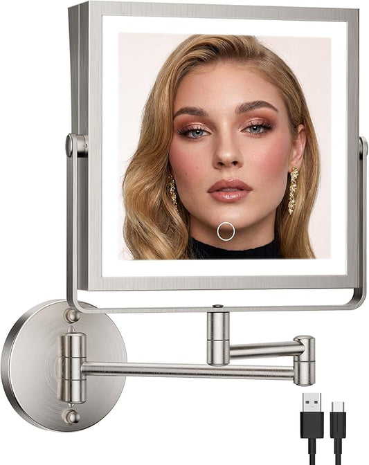 Rechargeable Wall Mounted Makeup Mirror with Lights, 4000mAh Double Sided 1X/10X Magnifying Vanity Mirror with 3 Color Lights, Touch Dimmable, 360° Extension Foldable Arm(Brushed Nickel）