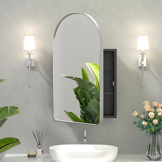 20x31 Inch Arched Medicine Cabinet with Mirror - Metal Framed Recessed Bathroom Storage, Recessed Arched Medicine Cabinet for Bathroom ,Oil Rubbed Nickel Finish, Rust-Resistant ,Adjustable Shelves