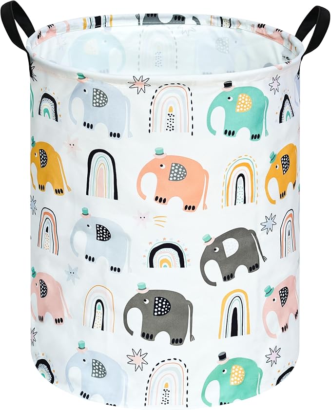 Round Rainbow elephant Pattern Laundry Hamper Clothes Storage Basket Fabric Storage Hamper Organization Storage Bin, Nursery Box,Gift Basket with Handles
