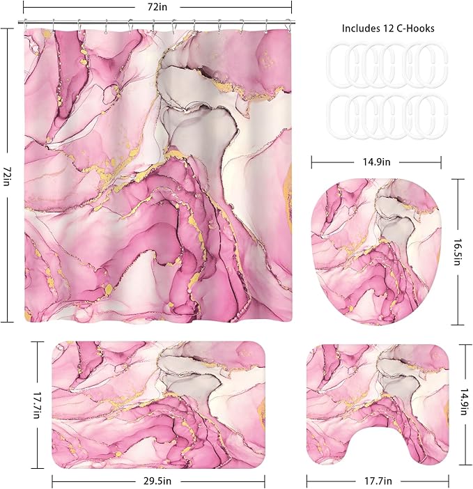 4PCS Pink Gold Marble Bathroom Sets with Shower Curtain and Rugs, Hot Pink Shower Curtain Sets with Rugs, Modern Bathroom Curtains Shower Set with Toilet Lid Cover