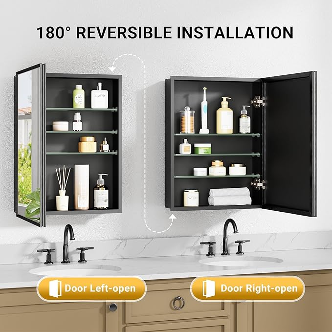 20x26 Pre-Assembled Black Medicine Cabinet with Mirror, Surface or Recessed Medicine Cabinet Mirror for Bathroom, Aluminum Beveled Frame Bathroom Vanity Mirror with Adjustable Shelves Storage