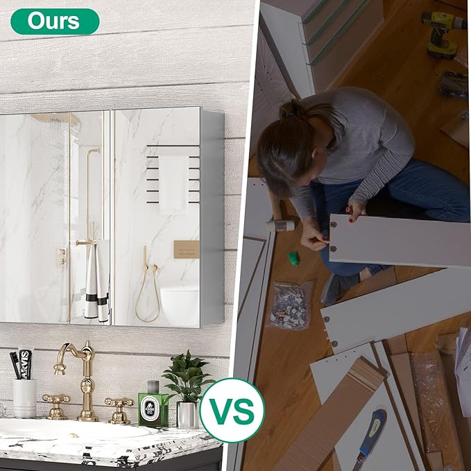 36 x 24 Farmhouse Medicine Cabinet, Tempered Frameless Bathroom Mirror with Storage, Silver Recessed or Surface Mount Aluminum Medicine Cabinet for Bathroom Modern