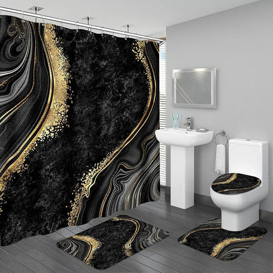 4PCS Black Gold Marble Shower Curtain Sets with Rugs, Abstract Bathroom Sets with Shower Curtain and Rugs, Modern Bathroom Curtains Shower Set with Accessories for Bathroom Decor
