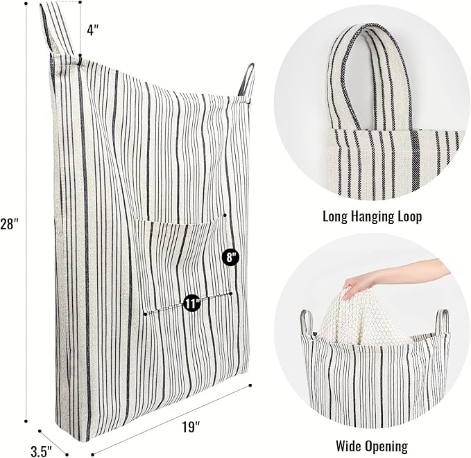 AELS Farmhouse Hanging Laundry Hamper with 2 Hooks, Washable Beige & Black Stripes Laundry Bag with Zipper & Wide Open Top, Over the Door Organizer for Dirty Clothes, Space Saving Storage