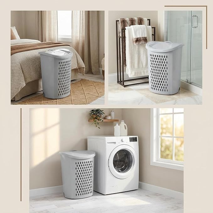 2 Bushel Rolling Laundry Hamper with Lid & Wheels - Light Gray Plastic Laundry Basket, Ventilation Design, Easy Move for Bedroom Bathroom Laundry Room (1 Pack）