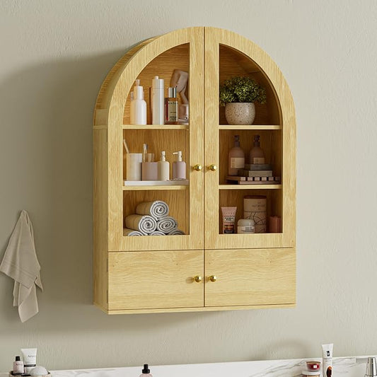 BREEZEHEAT Arched Medicine Cabinet with Extra Storage, Glass Doors, Adjustable Shelf -Wall Mounted Over Toilet Cabinet for Bathroom, Kitchen, Laundry Room, Natural Oak Wood Grain, 23.6x33.5 Inch