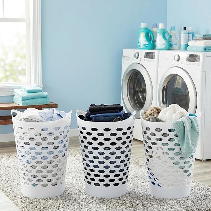 3 Pack Round Tall Plastic Laundry Basket with Handles, Lightweight & Flexible, 2.2 Bushels Large Capacity, Easy to Clean, Space Saving Laundry Hamper for Bedroom, Dorm, Bathroom, White