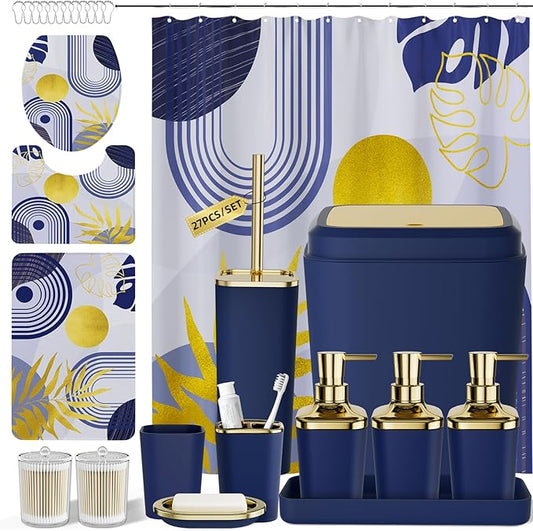 Bathroom Accessories Set - 27PC Bathroom Sets with Shower Curtain and Rugs, Blue Bathroom Set, Navy Blue Bathroom Accessory Set with Trash Can, Toilet Brush & 3 PC Soap Dispensers