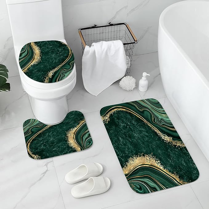 Gibelle 4 Pcs Luxury Marble Shower Curtain Set with Non-Slip Rugs, Toilet Lid Cover and Bath Mat, Gold Foil Emerald Green Bathroom Decor Set with Shower Curtain and Rugs and Accessories