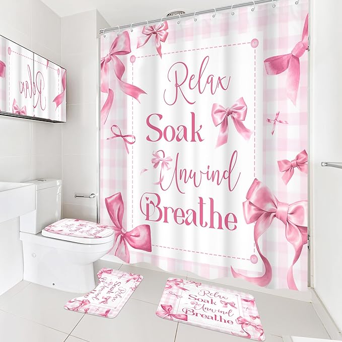 Cinbloo 4Pcs Pink Bow Christian Shower Curtain Set, Coquette Bible Verse Scripture Inspirational Quotes Girly Bathroom Curtain with Rug, Toilet Lid Cover, Bath Mat, Modern Shower Curtain with 12 Hooks