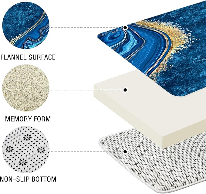 Gibelle 4 Pcs Luxury Marble Shower Curtain Set with Non-Slip Rugs, Toilet Lid Cover and Bath Mat, Gold Foil Blue Bathroom Decor Set with Shower Curtain and Rugs and Accessories