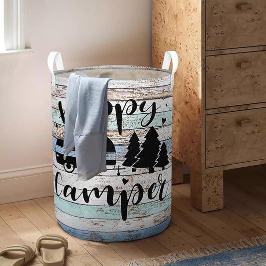 Happy Camping Laundry Basket Foldable With Handles Tote Bag Waterproof Oxford Cloth Blue Funny Laundry Hamper Clothes Storage Bucket Toy Organizer 43L For Bathroom/Laundry/Bedroom (Camping, 43L)