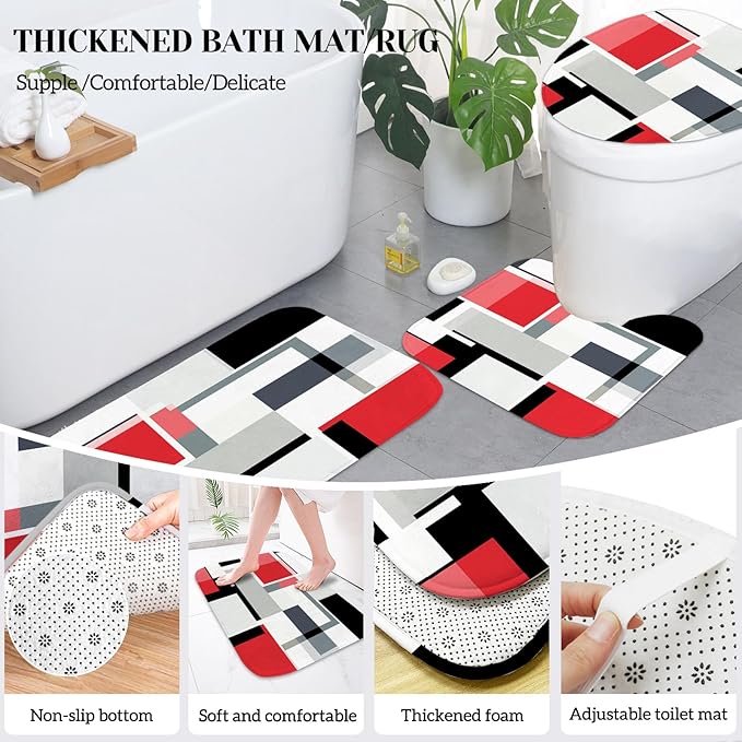 Lnond Red Bathroom Set, 23-Piece Red Black Geometric Bathroom Decor Set with with Shower Curtain and Rugs, Trash Can, Toilet Brush Holder Set & Soap Dispenser