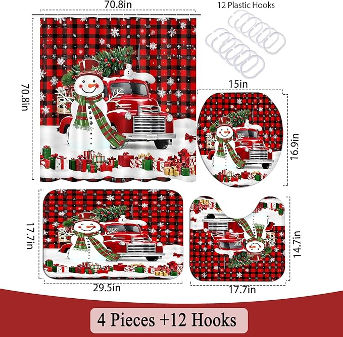 Red Scarf Snowmans Truck Bathroom Sets with Shower Curtain and Rugs, Toilet Lid Cover, Bath Mat, Soft Fabric Cute Christmas Snowman Shower Curtain Set for Bathroom, Bathroom Decor Shower Curtains