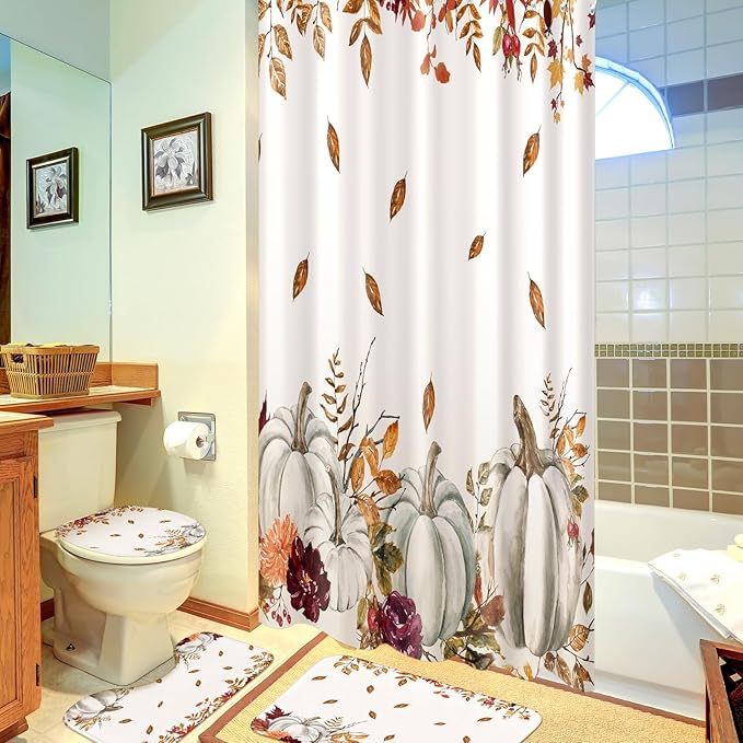 Drydiet 4 Pcs Fall Shower Curtain Sets 71 x 71 in Thanksgiving Autumn Non Slip Rugs Toilet Lid Cover Bath Mat and 12 Hooks Fall Bathroom Shower Curtain for Thanksgiving Harvest Farmhouse Home Decor
