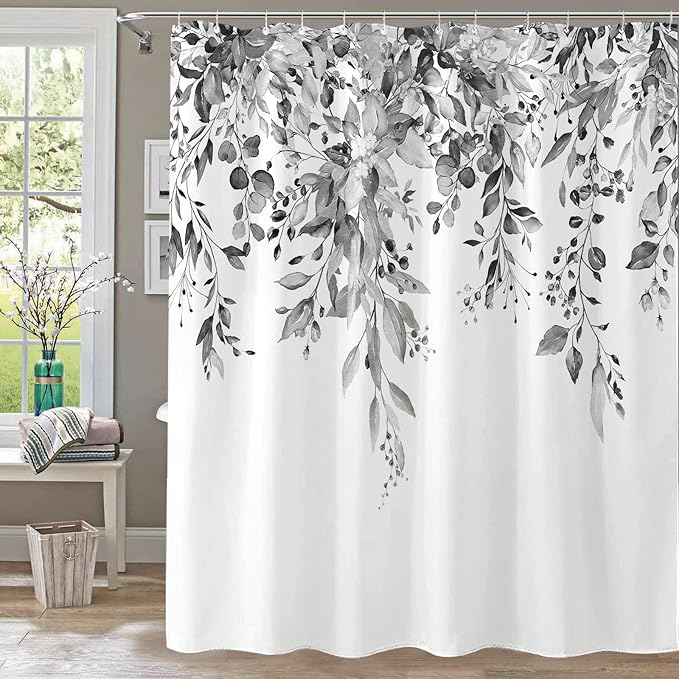 kampdream Grey and White Eucalyptus Plant Shower Curtain, Watercolor Leaves On The Top Botanical Bathroom Curtain 72 ×72 Inch