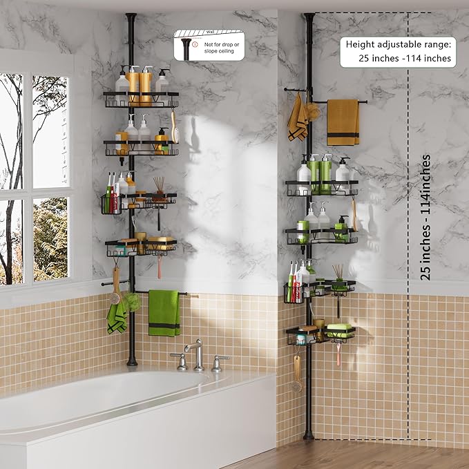 DAOYA Tension Rod Shower Caddy Corner - Tension Pole Shower Caddy with 2 Towel Bars & Toothbrush Holder, Black Bathtub Organizers and Storage Corner Stainless Steel(Tall 25 to 114.2 Inches)