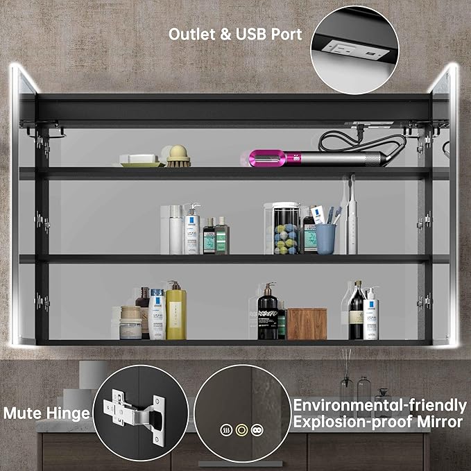Medicine Cabinets for Bathroom with Mirror, 48”W x 30”H Wall Mounted LED Medicine Cabinet Mirror with Defogger, Dimmer, Outlets & USB, Double Doors