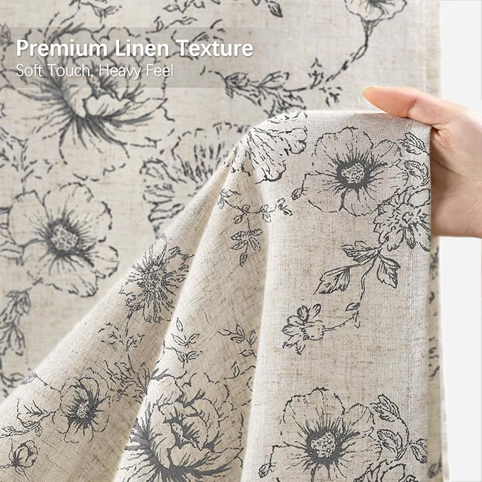 Farmhouse Floral Linen Shower Curtain, Vintage Grey Pattern Rustic Shower Curtains for Bathroom, Dark Gray,72x72