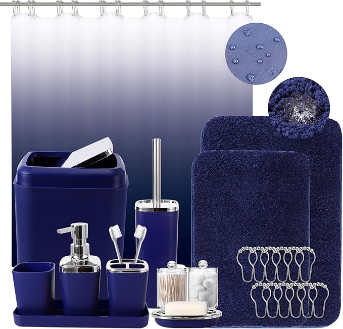 XLHOMO 24PC Navy Blue Bathroom Set with Shower Curtain and Rugs, Blue Bathroom Sets Complete with Trash Can,Soap Dispenser,Soap Dish,Toilet Brush,Toothbrush Holder and Cup,Tray,Q-Tip Holders