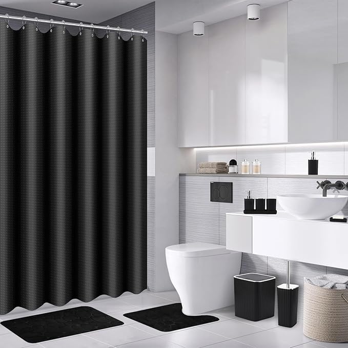 XLHOMO Bathroom Set with Shower Curtain and Rugs- 25PC Bathroom Accessory Set, Black Bathroom Set, Toilet Brush, Trash Can, Qtip Holder & Soap Dispenser