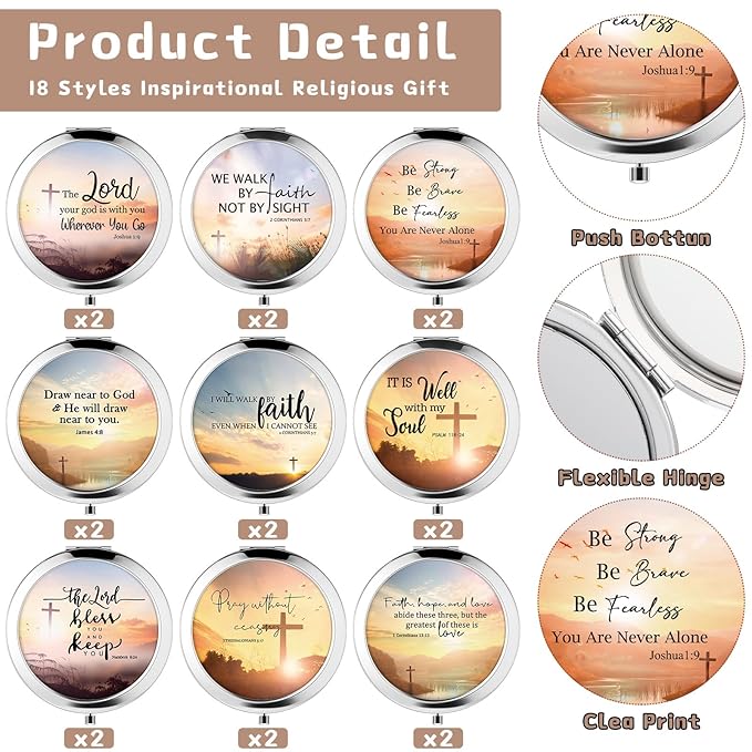 RattanView 18 Pcs Christian Compact Mirrors Gifts for Women Bulk Mothers Day Inspirational Religious Pocket Makeup Mirror with Bible Verse Gift for Mom Ladies Church Party Favors VBS Sunday School