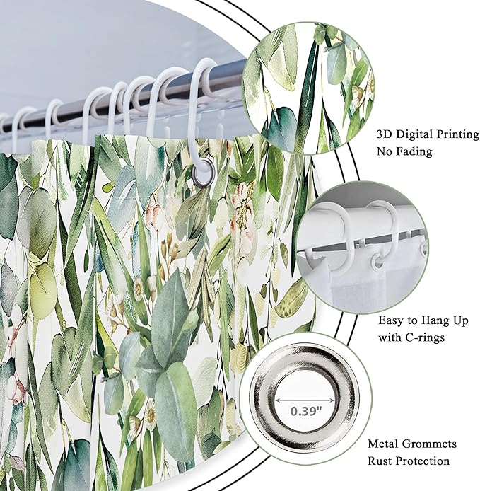 Riyidecor Small Stall RV Eucalyptus Shower Curtain for Bathroom Decor 36Wx72H Single Half Narrow Green Leaves Plants Watercolor Botanical Art Printed Fabric Polyester Waterproof 7 Pack Plastic
