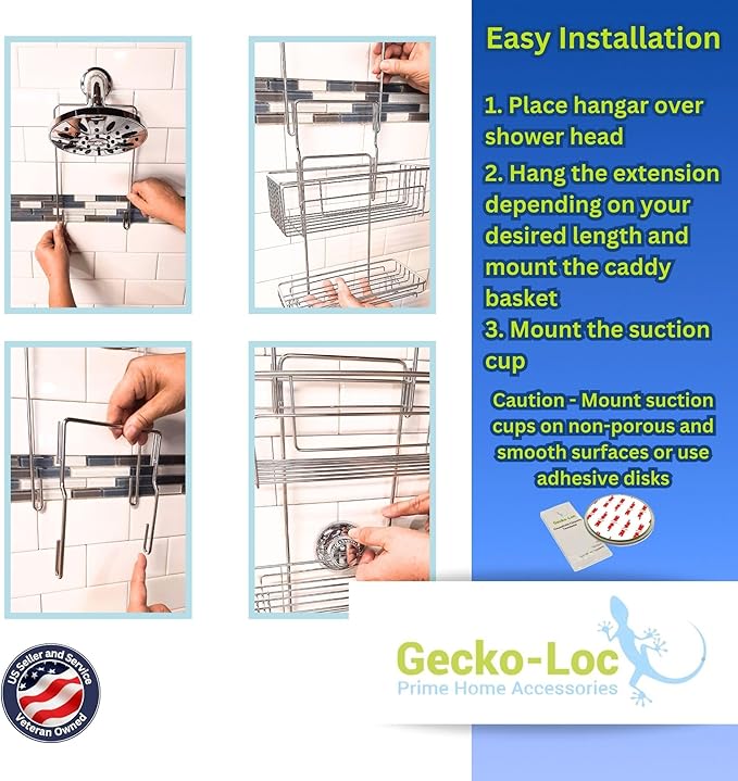 Gecko-Loc SHS-015EXT Extra Long Adjustable Hanging Shower Caddy, Over-the-Showerhead Organizer for Shampoo, Soap, Razors, Rustproof Stainless Steel, Silver