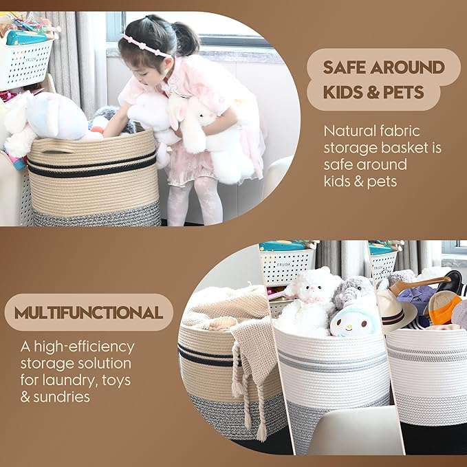 Sea Team Large Size Cotton Rope Woven Storage Basket with Handles, Laundry Hamper, Fabric Bucket, Drum, Clothes Blankets Organizer for Kid's Room, 18 x 20 inches, Round Open Design, Flaxen & Black