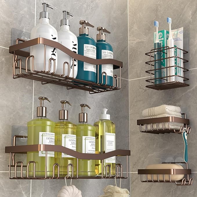 Youvip Adhesive Shower Caddy, No Drilling Bath Organizers 5 Pack, Rustproof Shelves with Soap Holder & Toothbrush Holder, Bathroom Organizers and Storage, Bronze