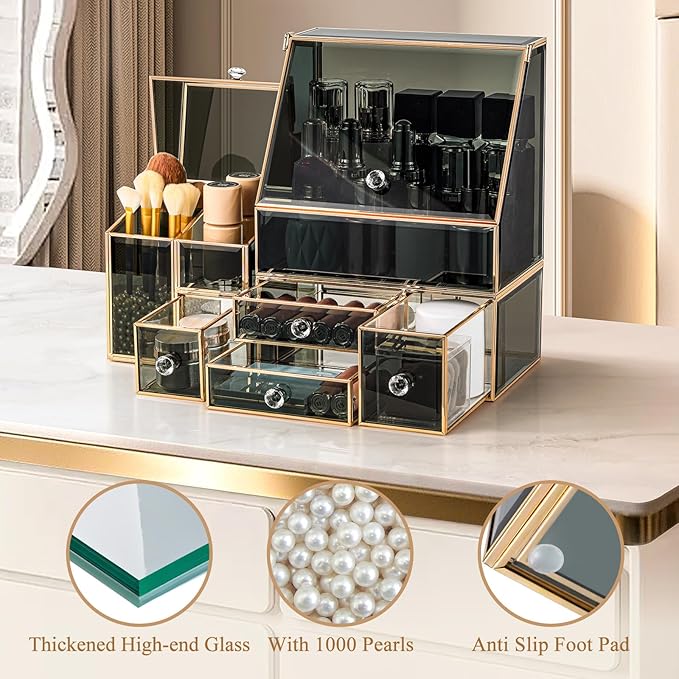 Glass Makeup Organizer for Vanity, High-End Cosmetic Storage Box for Skincare, Perfume, Brushes & Lipsticks, Elegant Countertop Organizer for Bathroom or Dresser- Christmas Gifts For Women