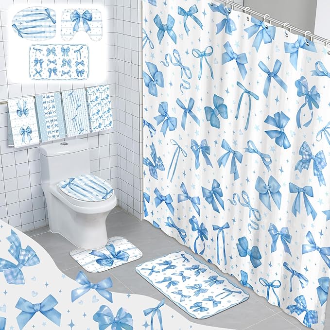 FuWeave 8 Pcs Blue Shower Curtain Set Coquette Blue Bathroom Decor Aesthetic Bow Knot Waterproof Shower Curtain Towels Non Slip Rug Toilet Lid Cover Bath Mat with 12 Hooks for Women Home Bath