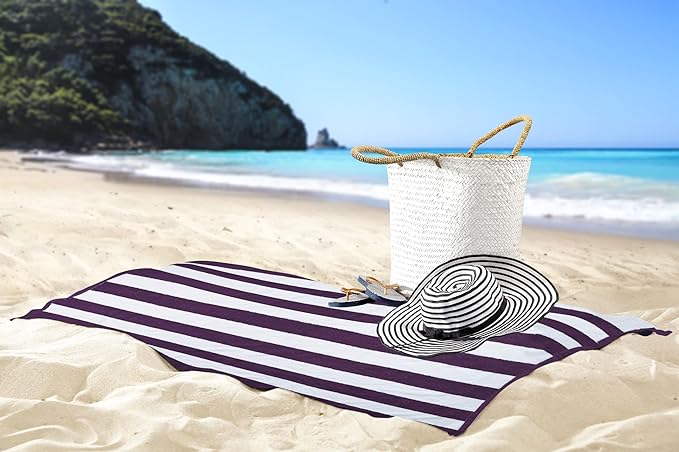 Utopia Towels [4 Pack Cabana Stripe Beach Towel, (30 x 60 Inches) Oversized 100% Ring Spun Cotton Pool Towels, Highly Absorbent Quick Dry Bath Towels for Bathroom, and Swim Towel (Plum)