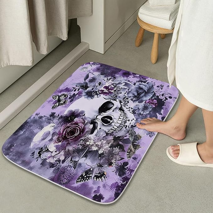 Funny Gothic Halloween Unique Bathroom Sets with Floral Skull Shower Curtain and 20 x 31 Rugs Bathroom Accessories Sets Decor with Bath Rug, Bath Mat, U-Shaped Contour and Hooks 72 x 72 Inch Purple