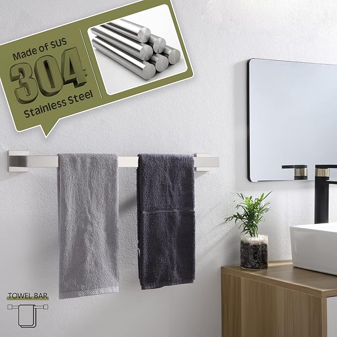 KOKOSIRI 24-Inch Single Towel Bar, Bathroom Kitchen Towel Holder, Wall Mounted Stainless Steel Towel Rack 2 Pack, Brushed Nickel, B4003BR-L24-P2
