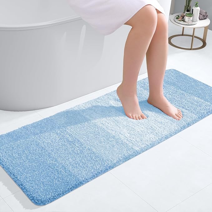 OLANLY Bathroom Rugs Mat 47x17, Extra Soft Absorbent Microfiber Bath Rugs, Rubber Backing, Quick Dry, Machine Washable Bath Mats for Bathroom Floor, Tub and Shower, Home Decor Accessories, Sky Blue