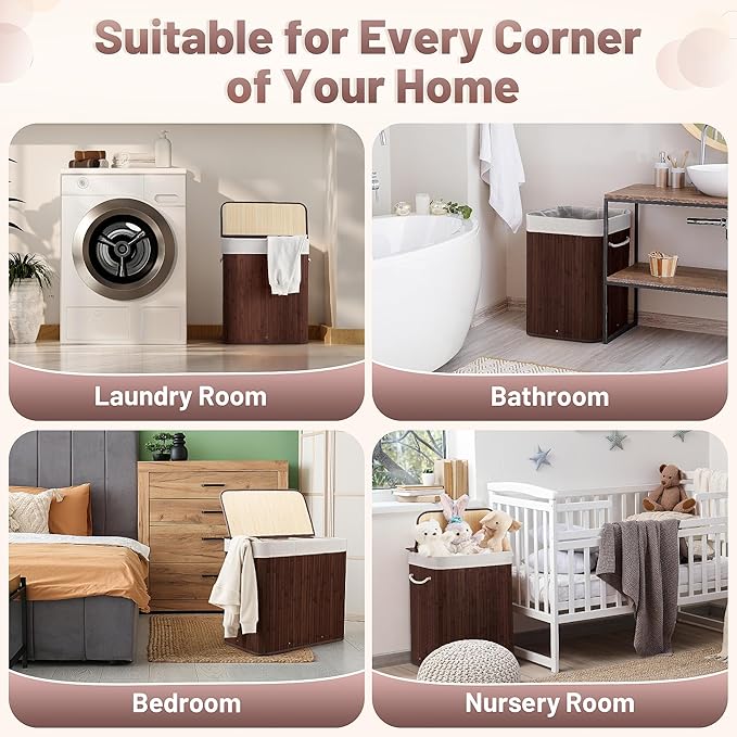 Aliphon 150L Laundry Hamper with lid, 3-Section Clothes Laundry Basket with Handles, Large Collapsible Bamboo Baskets for Bedroom, Bathroom, Dorm, Brown