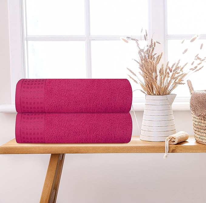 GLAMBURG 100% Cotton 2 Pack Oversized Bath Towel Set 28x55 Inches, Ultra Soft Highly Absorbant Compact Quickdry & Lightweight Large Bath Towels, Ideal for Gym Travel Camp Pool - Hot Pink