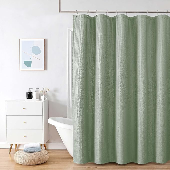 OVZME Stall Fabric Shower Curtain 60X72 inch, Embossed Textured Fabric Shower Curtain for Bathroom - Soft Cloth & Hotel Spa, Water Repellent, Machine Washable Bathroom Curtain, Sage Green