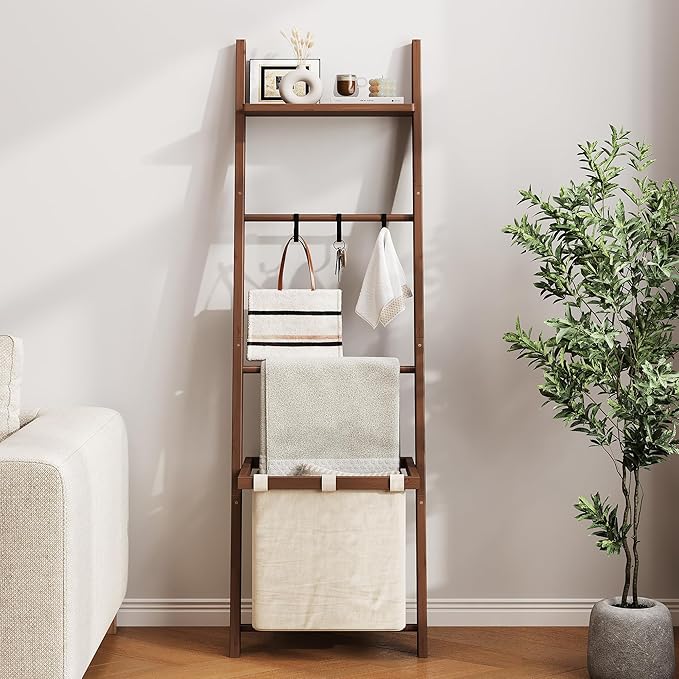 63" Bamboo Blanket Ladder with Shelf, Fabric Storage Basket and 5 Hooks, 4 Tier Leaning Blanket Rack, Farmhouse Towel Ladder Rack, Decorative Quilt Rack Holder for Living Room Bedroom Bathroom, Walnut