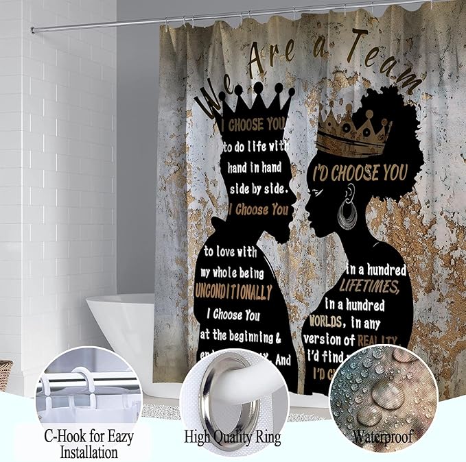 4Pcs Black Man Women Shower Curtain Set with Rugs Toilet Lid Cover Bath Mat, Valentine's Day Romantic Couples Bathroom Decor Sets with Shower Curtain and Hooks, Waterproof Fabric King Queen Sets