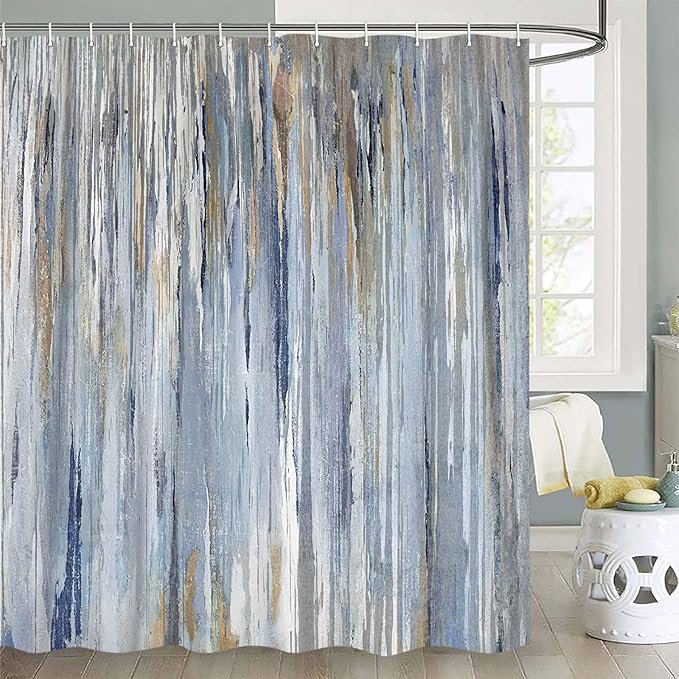 JAWO Abstract Shower Curtain,Modern Aesthetic Abstract Stripe Shower Curtain Set for Bathtub Bathroom, Gray Blue Brown Contemporary Abstract Painting Fabric Shower Curtains,Blue,70X75