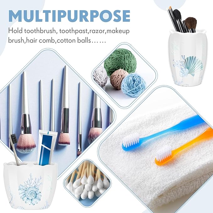 Vesici 4 Pcs Beach Bathroom Accessories, Ocean Animals Bathroom Decor, Under The Sea Tumbler, Soap Dispenser, Toothbrush Holder, Starfish Soap Dish for Ocean Beach Theme Decoration